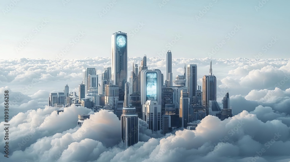 Futuristic city above the clouds urban landscape digital art aerial view innovation Futuristic city above the clouds urban landscape digital art aerial view innovation
