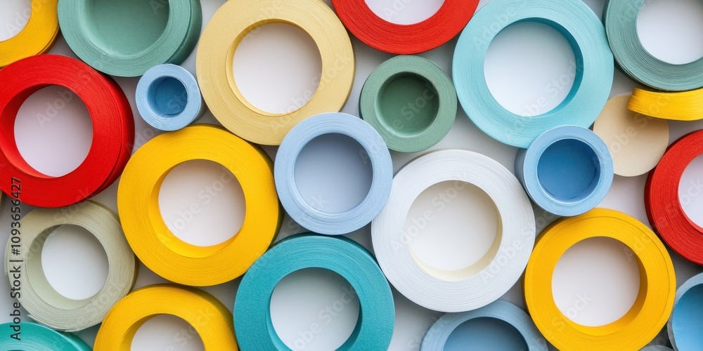 Colorful Paper Rings Arranged in a Pattern on a White Surface Colorful Paper Rings Arranged in a Pattern on a White Surface