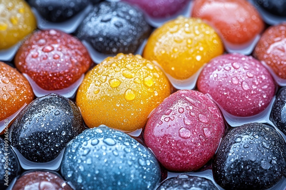 Close-up of Colorful Wet Stones with Water Droplets Close-up of Colorful Wet Stones with Water Droplets
