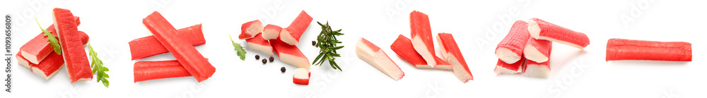 Collage of tasty crab sticks on white background Collage of tasty crab sticks on white background