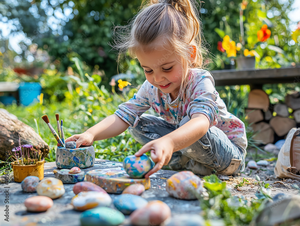 Kids painting rocks to decorate the garden Kids painting rocks to decorate the garden