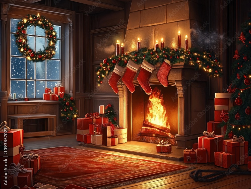 Cozy living room scene at Christmas. Presents strewn on carpet near fireplace. Christmas tree decorated with warm festive lights, ornaments. Red stockings hang by fireplace with crackling fire. Cozy living room scene at Christmas. Presents strewn on carpet near fireplace. Christmas tree decorated with warm festive lights, ornaments. Red stockings hang by fireplace with crackling fire.