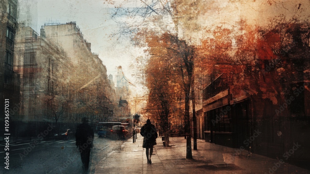 Urban street scene with silhouettes and autumn colors Urban street scene with silhouettes and autumn colors