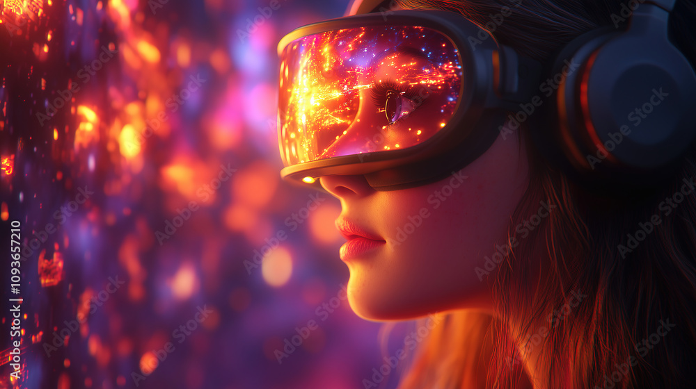 Woman experiences virtual reality with vibrant visuals and immersive sound in a dark, colorful environment. Generative AI Woman experiences virtual reality with vibrant visuals and immersive sound in a dark, colorful environment. Generative AI