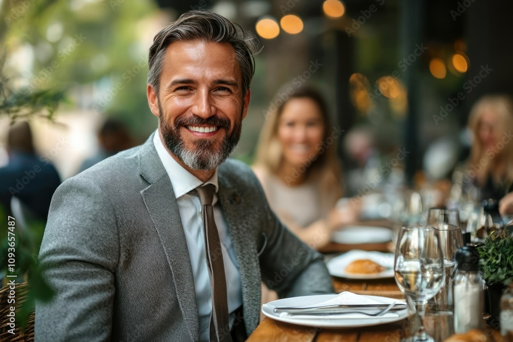 Smiling Man in Suit at Restaurant Table with Food and Drink Smiling Man in Suit at Restaurant Table with Food and Drink