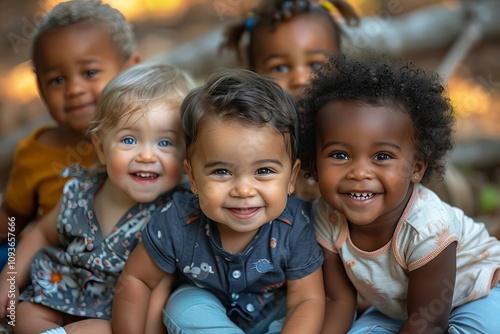 Title: Multicultural Inclusion and Innocent Childhood: Smiling Toddlers Sitting Together in a Park