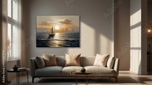 Here's a description and keywords for your stock photo.. Serene sunset seascape painting of sailboat on calm ocean, displayed in modern living room. photo