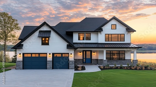 Modern farmhouse, white siding, blue garage doors, sunset view.