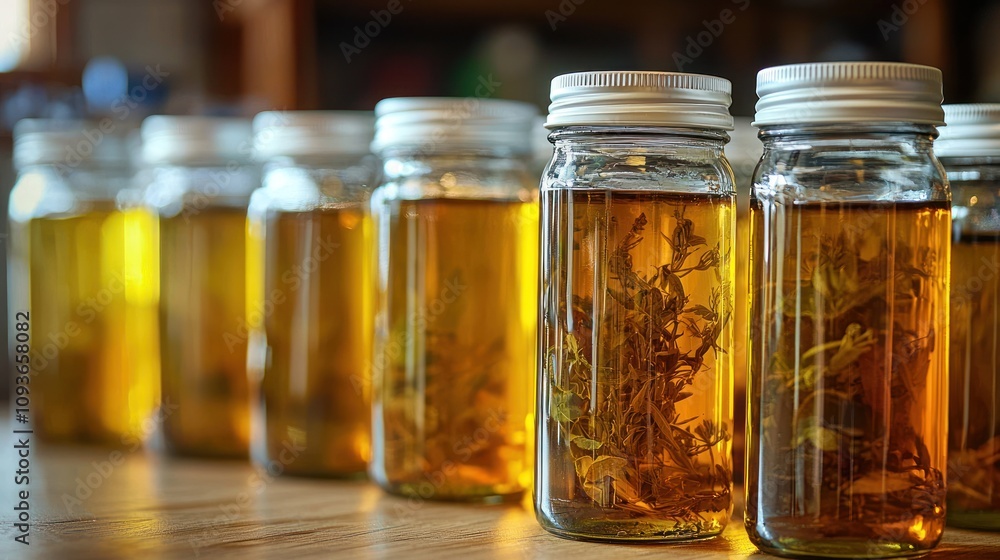 Glass Jars Filled with Herbs and Liquid on a Wooden Table Glass Jars Filled with Herbs and Liquid on a Wooden Table