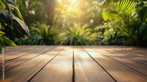 A detailed shot of a wooden deck floor on a terrace, with sunlight filtering through plants.