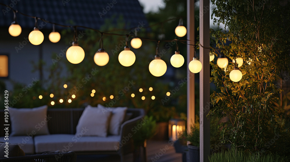 A detailed shot of string lights hanging on a terrace, glowing softly at dusk. A detailed shot of string lights hanging on a terrace, glowing softly at dusk.