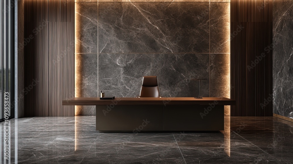 Modern office interior with marble wall, wooden desk, and leather chair. Modern office interior with marble wall, wooden desk, and leather chair.