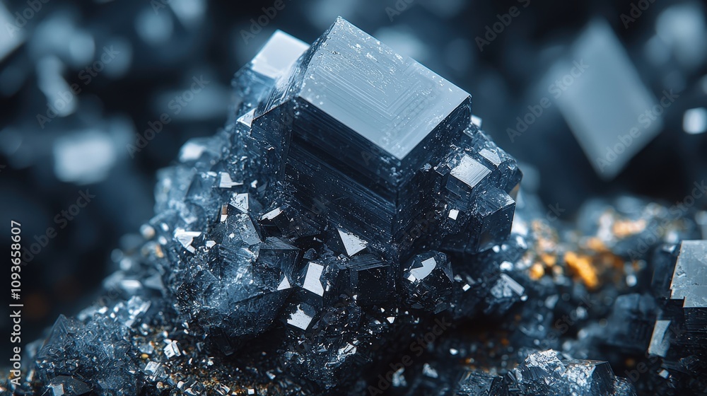 Close-up of shiny metallic crystals with geometric patterns and reflective surface Close-up of shiny metallic crystals with geometric patterns and reflective surface