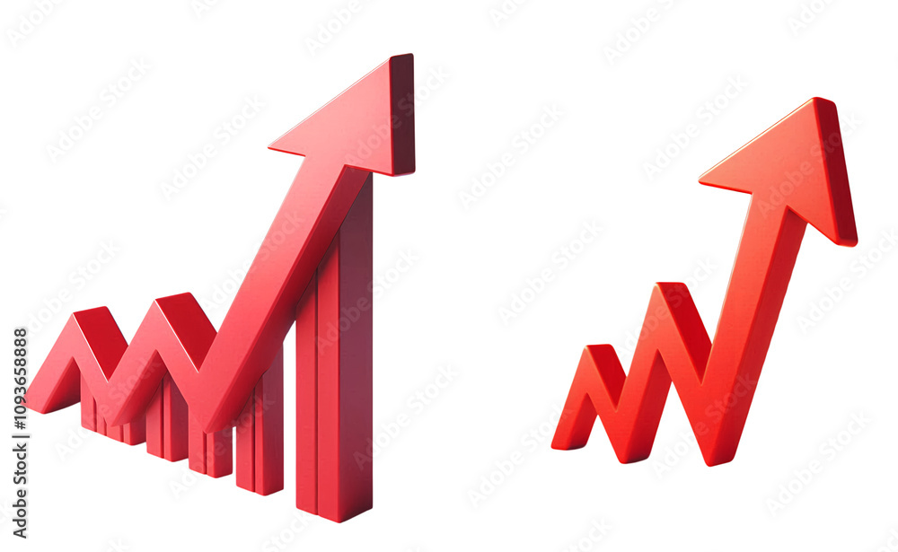Two Red 3D Graphs Showing Upward Trends with Arrow Indicators isolated on transparent and white background. Two Red 3D Graphs Showing Upward Trends with Arrow Indicators isolated on transparent and white background.