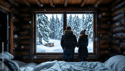 A couple snuggling in front of a large window in a cabin on vacation in the mountains where it's snowing on a hill with trees and sunset in s resort ski chalet apres ski photo