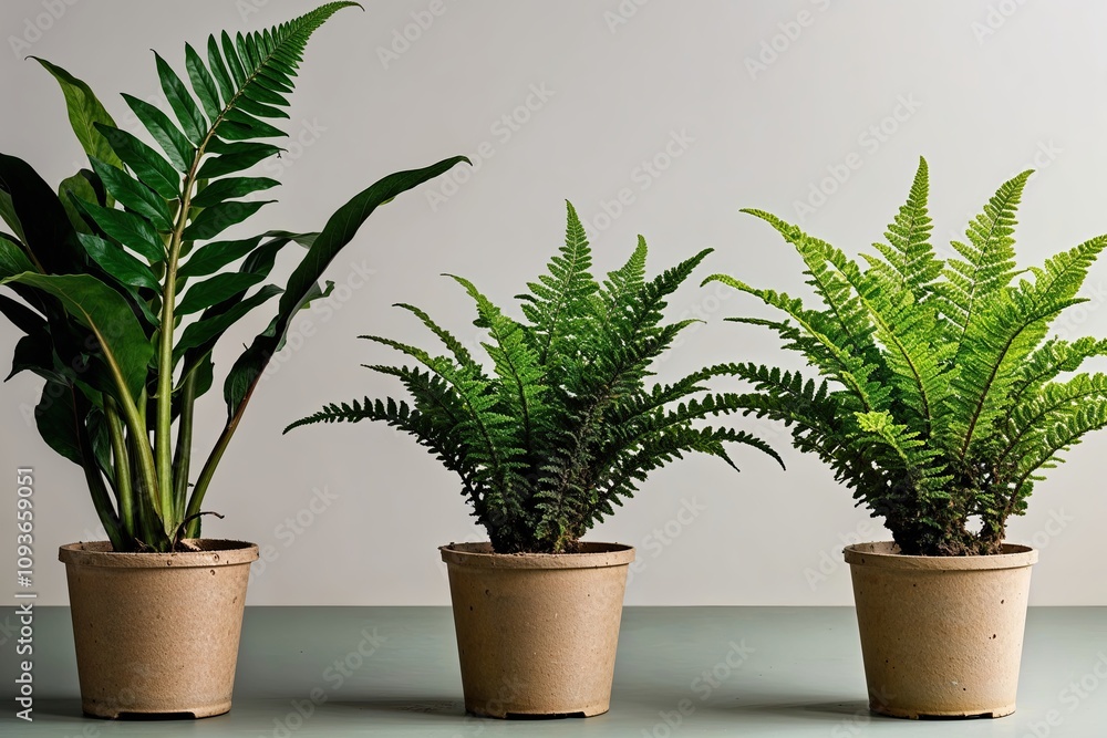 Biodegradable Pots with Exotic Ferns Featuring Lush Leaves Against a Soft Gradient Background Biodegradable Pots with Exotic Ferns Featuring Lush Leaves Against a Soft Gradient Background