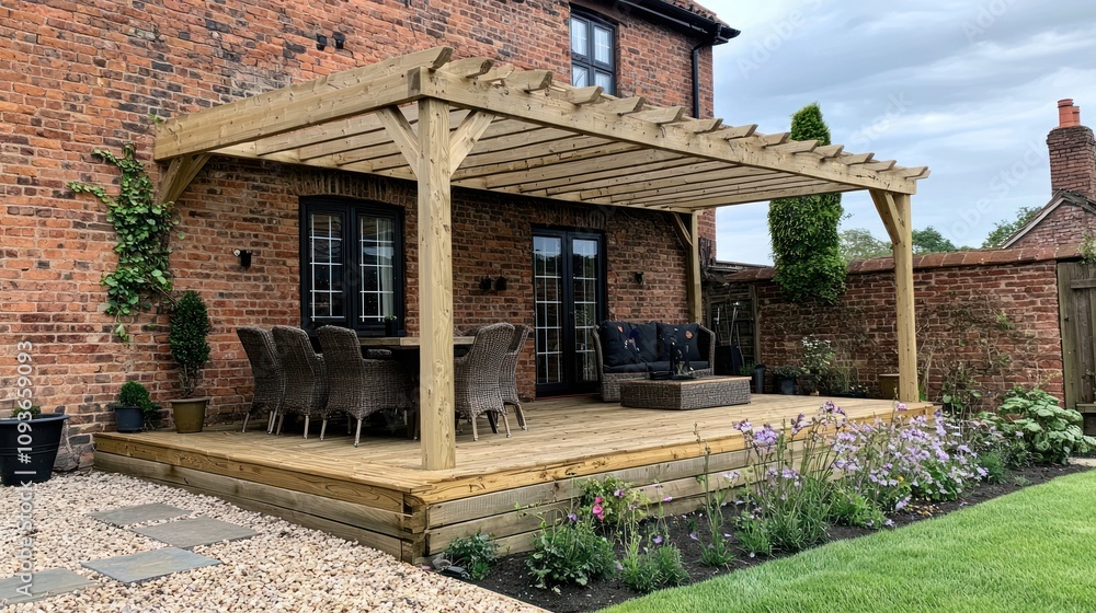 Wooden Pergola Over Deck Attached To Brick House Wooden Pergola Over Deck Attached To Brick House