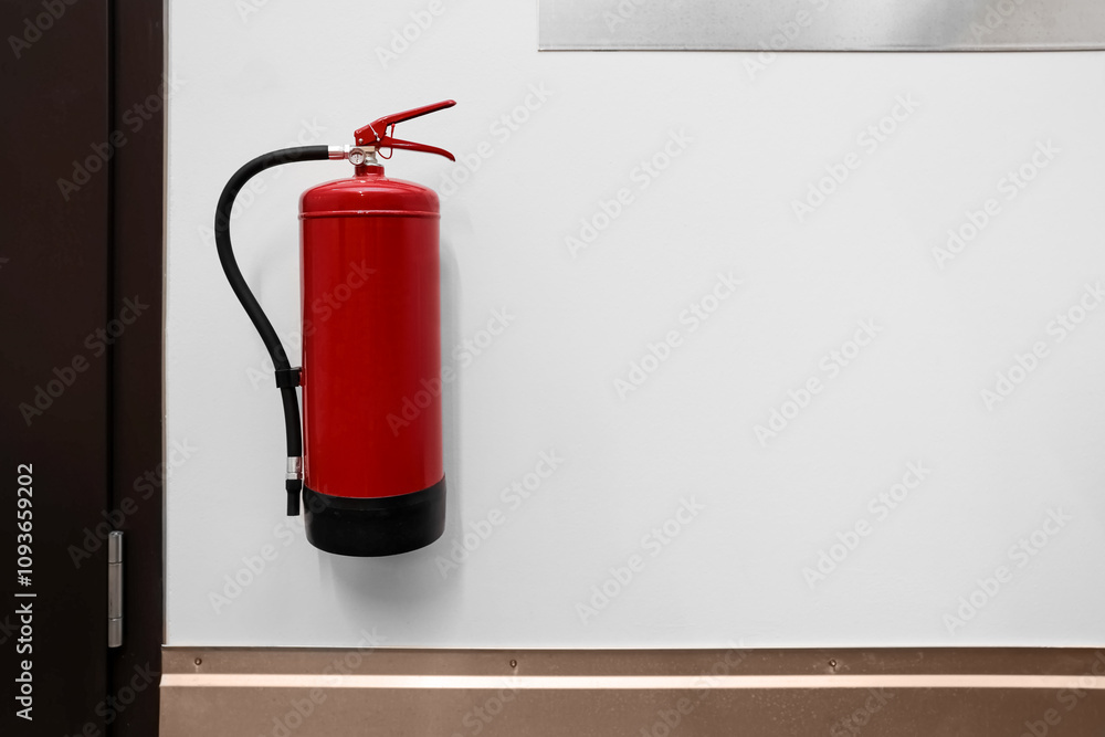Fototapeta premium Fire extinguisher hanging on light wall in building