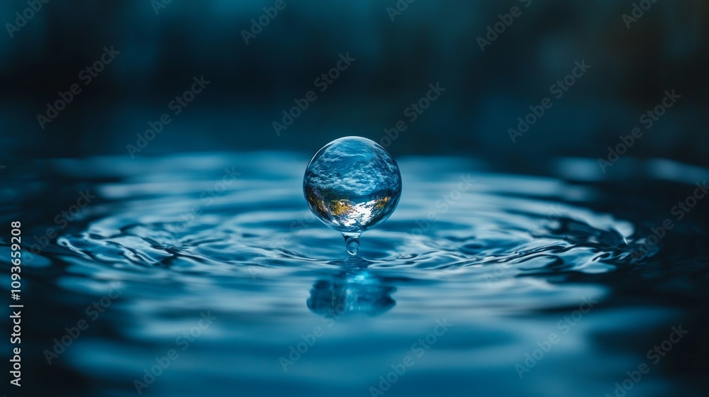 A single water droplet suspended above the surface of a still pond, creating concentric ripples. A single water droplet suspended above the surface of a still pond, creating concentric ripples.