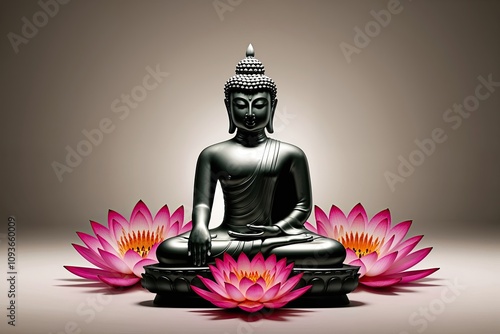 Serene Buddha Surrounded by Colorful Lotus in Soft Gradient for Spiritual Wellness and Mental Clarity