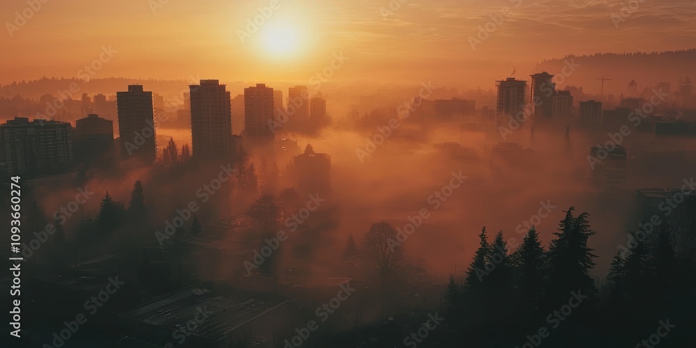 Fototapeta premium Cityscape at Dawn with Fog and Golden Light