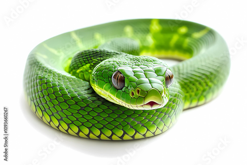 close up of coiled green snake on white background