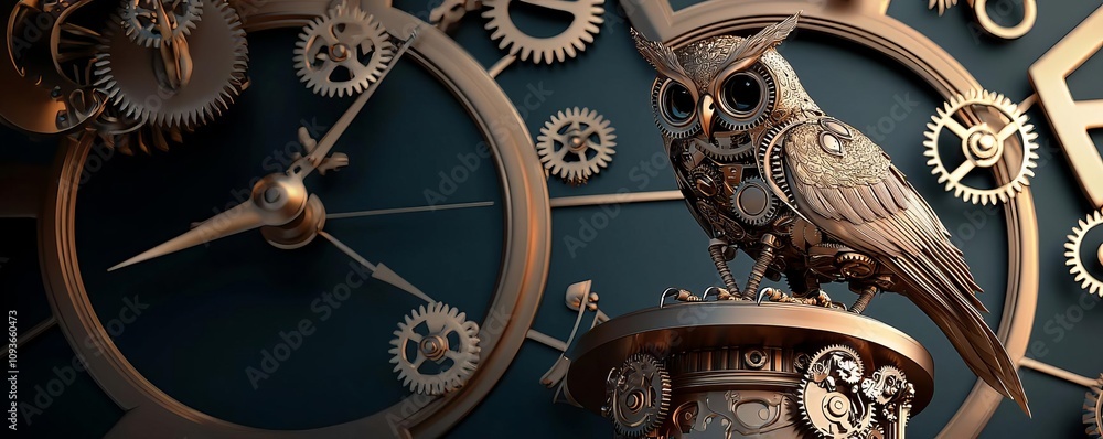 Fototapeta premium A stunning steampunk mechanical owl perched on a metallic pedestal with intricate gears, set against a deep green clockwork background.