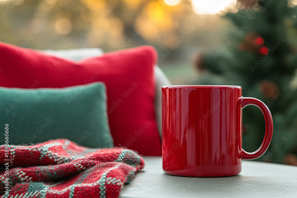 Mock up of red coffee cup on a cafe table with Christmas décor Mock up of red coffee cup on a cafe table with Christmas décor
