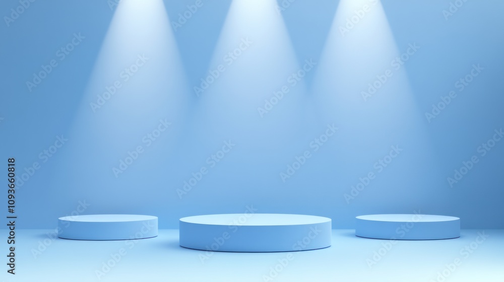 Three Blue Cylindrical Platforms Illuminated by Spotlights Three Blue Cylindrical Platforms Illuminated by Spotlights