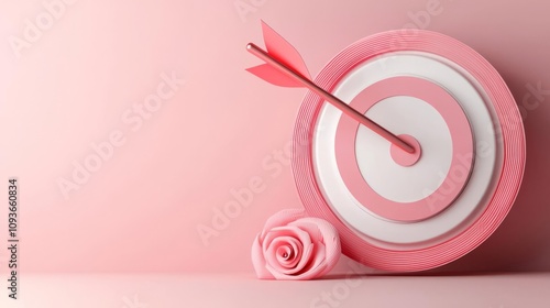 Target achievement concept with pink bullseye and rose studio setting minimalist style