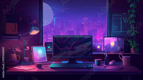 Futuristic Cyberpunk Workspace with Multiple Screens and Cityscape View