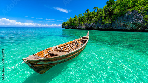 A wooden boat floats in crystal-clear turquoise waters near lush green cliffs under a bright blue sky.