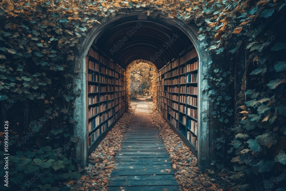 Obraz premium An arched doorway covered in ivy leads to a path lined with bookshelves.