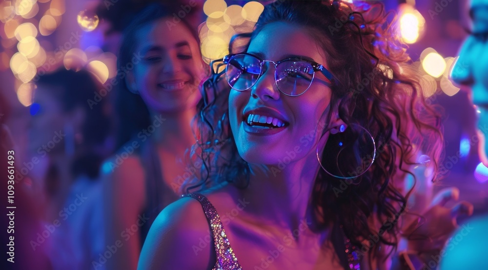 Joyful Celebration A Vibrant Young Woman Enthusiastically Dancing at an Exciting and Lively Night Party Event Joyful Celebration A Vibrant Young Woman Enthusiastically Dancing at an Exciting and Lively Night Party Event