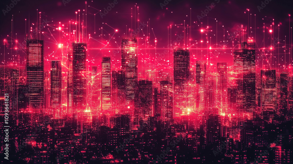 Fototapeta premium Stunning city skyline illuminated with vibrant red lights and digital connections at night. Generative AI