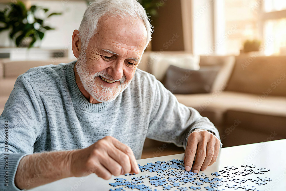 an elderly man smiling slightly as he works on a jigsaw puzzle an elderly man smiling slightly as he works on a jigsaw puzzle