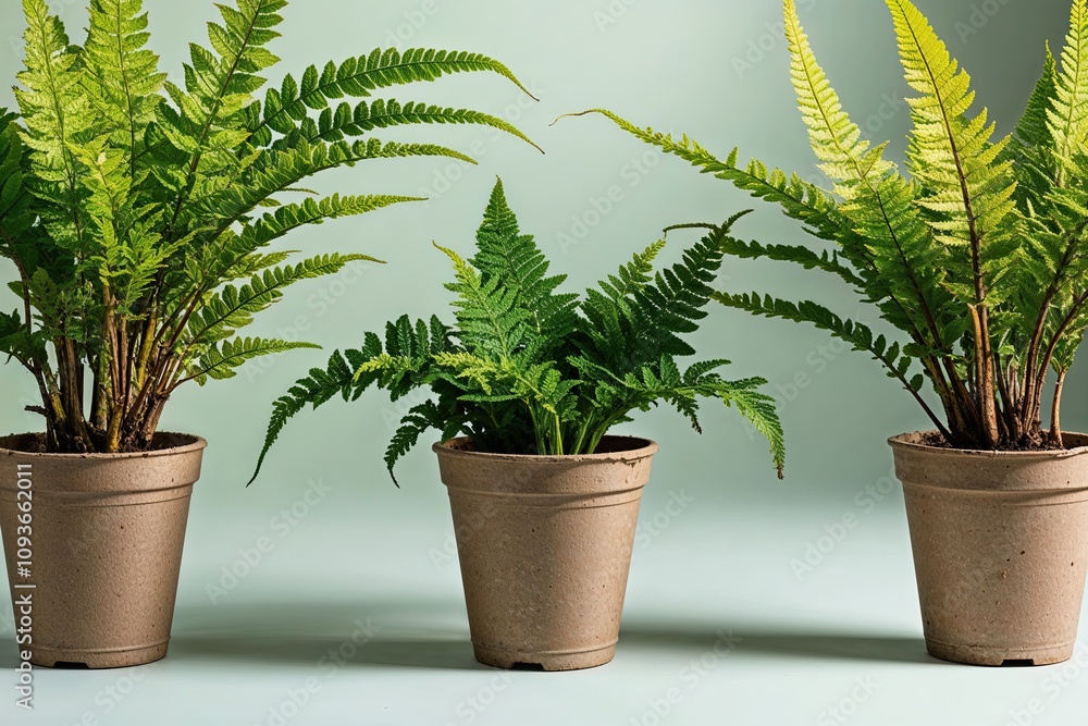 Fototapeta premium Biodegradable Pots with Exotic Ferns and Lush Green Leaves on Soft Gradient Background