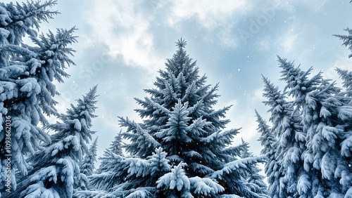 A winter scene with a Christmas tree in the center, surrounded by snow-covered trees. The branches of the tree are laden with snow. photo