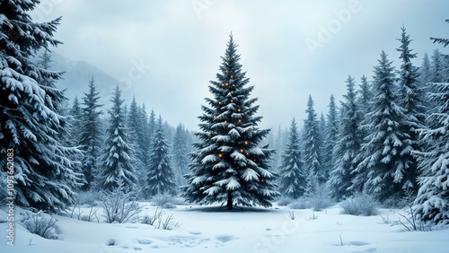 A lone, bare tree in a winter forest. Snowy landscape with cloudy sky.