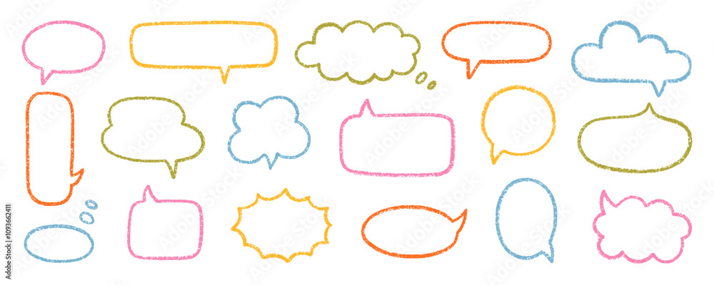 Obraz premium Chalk pencil speech bubbles doodle set. Crayon communication frame, comic talk balloon in sketch style, Grunge texture. Hand drawn vector illustration isolated on white background