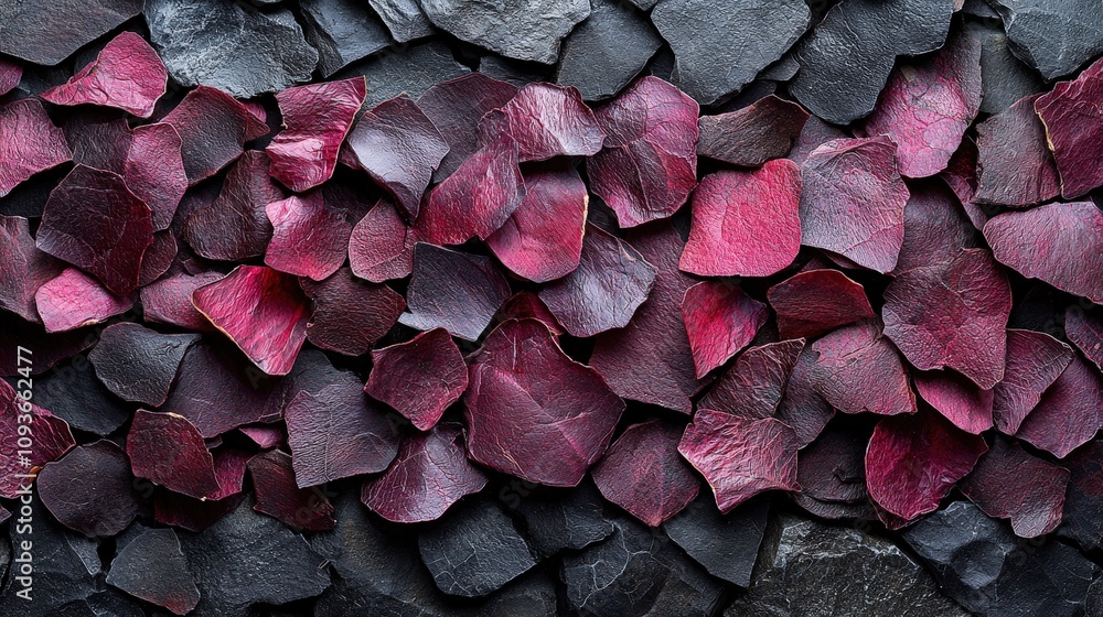 Elegant rose petals on dark slate background: a textured contrast of nature and stone Elegant rose petals on dark slate background: a textured contrast of nature and stone