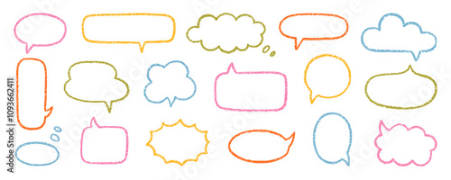 Chalk pencil speech bubbles doodle set. Crayon communication frame, comic talk balloon in sketch style, Grunge texture. Hand drawn vector illustration isolated on white background