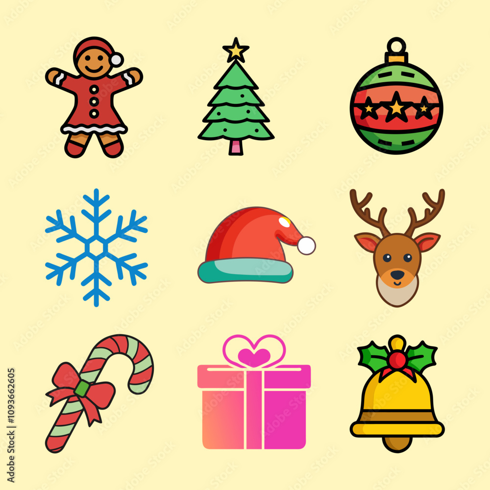 Set of Christmas minimalist ornaments elements. Xmas abstract color icons and logos in minimalist style. Christmas tree, snowman, gifts, bell, candy and others for holiday decoration. Set of Christmas minimalist ornaments elements. Xmas abstract color icons and logos in minimalist style. Christmas tree, snowman, gifts, bell, candy and others for holiday decoration.