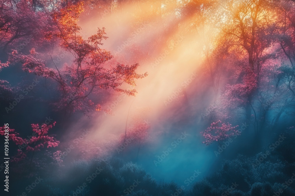 Obraz premium Misty forest bathed in warm, ethereal light, creating a magical, dreamlike atmosphere.