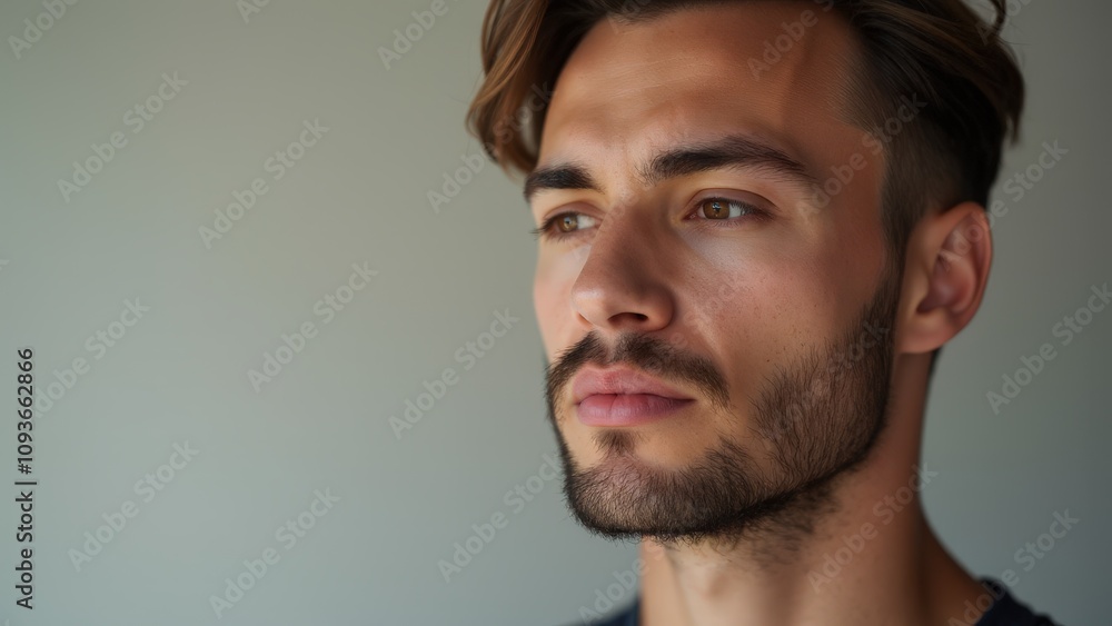 Fototapeta premium A man with a refined look, featuring small chin beard styles, showcasing sharp lines and minimalist grooming.