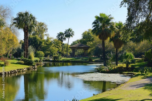 A tranquil pond with palm trees and a gazebo in a lush green park.