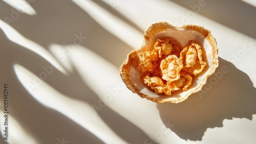 Shell-shaped bowl containing fried snacks, with dramatic shadows photo