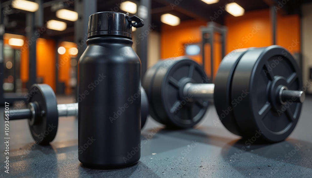 Fototapeta premium Black water bottle beside dumbbells in a modern gym setting 