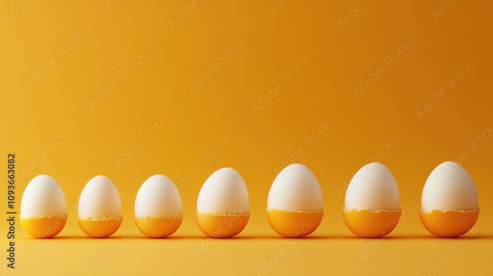 White and yellow eggs in sequence on background White and yellow eggs in sequence on background