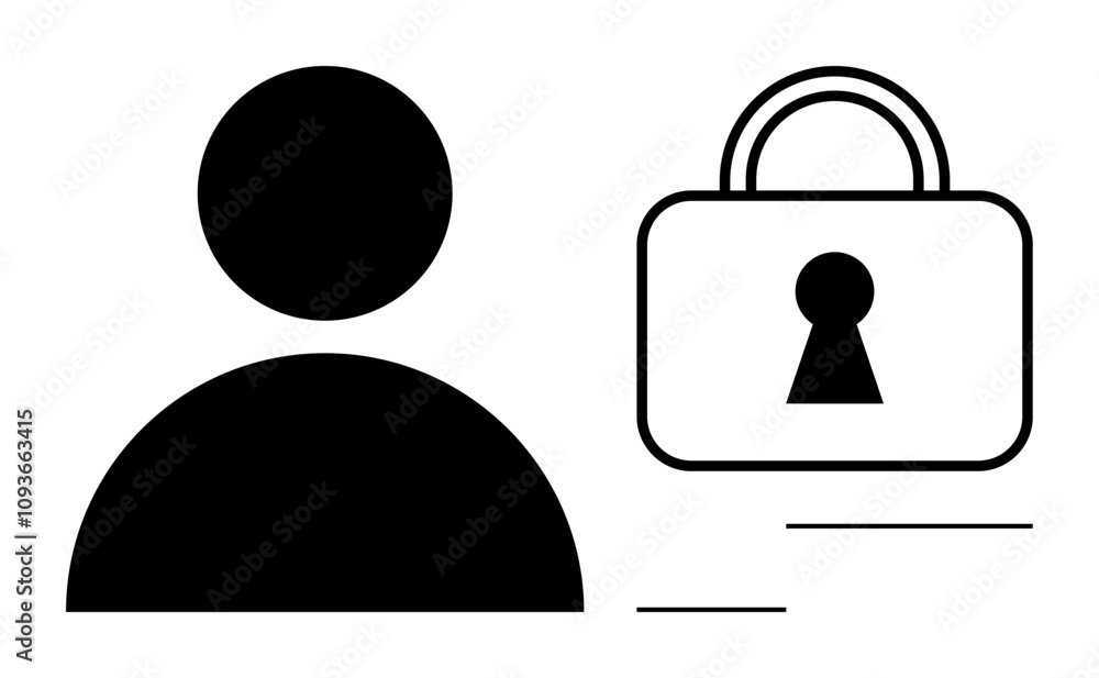 Black silhouette of a person next to a padlock with a keyhole. Ideal for security, privacy, authentication, user access, data protection, cybersecurity, and online safety themes. Line metaphor Black silhouette of a person next to a padlock with a keyhole. Ideal for security, privacy, authentication, user access, data protection, cybersecurity, and online safety themes. Line metaphor